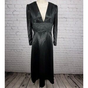 Lika Steel Black Satin Puff Long Sleeve Plunge A Line Maxi Dress Size Small S
